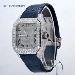 VVS Round Moissanite Diamond Men's Wrist Blue Leather Band Watch For Him, Party Wear Fancy Square Dial Watch, Custom Made