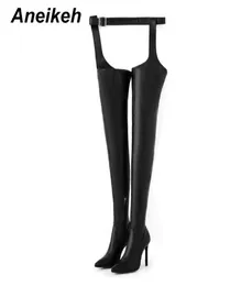 Aneikeh 2021 SpringAtumn Punk Style Women Pu Overklenee Buty Wskazane palce uda wysokie buty dla kobiet Rozmiar 3542 Black L9077707