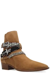 Men Brand Ami Ri Tan Bandana Buckle Boots Ankle-high Suede Boots Chain Adjustable Graphic Printed Textile Pin Buckle Strap Shoes