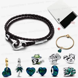NEW 925 silver designer bracelets for women Climbing Frog Charm Pandoras necklace Braided Double Leather Bracelet Green Heart Stud Earrings luxury jewelry with box