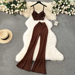 Spicy girl style sexy suit with lace camisole vest fashionable and versatile high waisted slim flared pants dancing two-piece set trendy