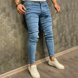Męskie dżinsy sportowe długość swobodna kulturystyka kieszeń letnie dżinsowe spodnie męskie Pełny stały kolor jasnoniebieski