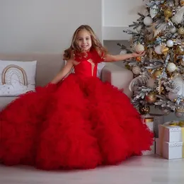 Ruffles Tutu Tulle Flower Girls Dresses Red Christmas Toddler Tiered Gown Formal Photo Shoot Princess Party Dress with Train 2024 Kids Formal Wear