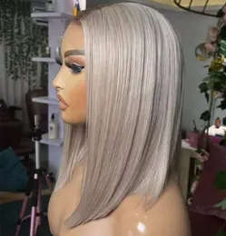 Silver Grey Ombre Colored Bob Wigs Human Hair Shor ash gray Wig Peruvian Lace closure Front Human Hair Wigs For Women HD Transparent Lace