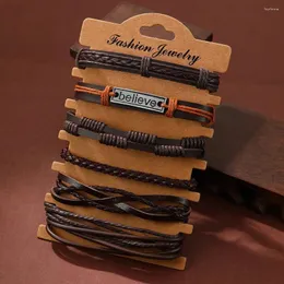Pulseiras de link 6pcs vintage múltiplas camadas pulseira de couro conjunto para homens charme trançado feita à mão
