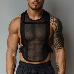 Herren Tanktops Frühling Sommer Sport Fitness Binde-up-Weste sexy sexy durch Mesh Tanktops Herren schlanker ärmellose O Hals Camisoles Muskeln