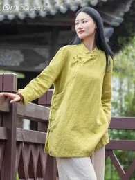 Kvinnors blusar 2024 Spring Long Shirt Women Chinese Traditional Style Coat Ramie Cotton Japan Tai Chi Liziqi Zen Tops C030