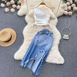 Spicy Girls Summer Suit Womens Pleated Lace Up Oblique Shoulder Tank Top Irregular Raw Edge Split Denim Half Skirt Two Piece Set