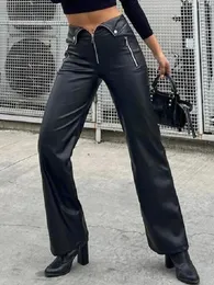 Женские брюки черная высокая талия прямая кожаная кожаные осенние женские брюки Зимние повседневные шикарные дамы застегиваются модными уличной одеждой Y2K