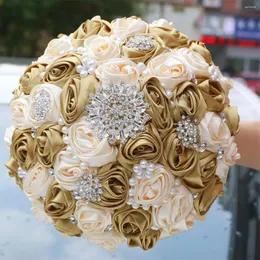 Bröllopsblommor Janevini Bling Rhinestone Pärlade buketter för Bride Flower Bouquet Gold Satin Crystal Bridal Accesorios Boda