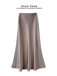 Women's Fashion Flowing Satin Midi Skirt Vintage Elastic High Waist Flared hem High Street Female Skirt Casual A Line Skirt 2405281