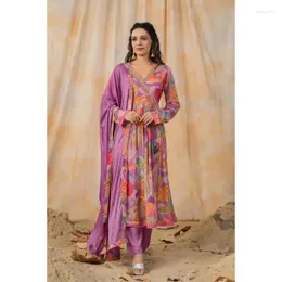民族服パキスタンの女性​​デザイナーマスリンファブリックアナルカリロングパーティーの才能のあるドレス