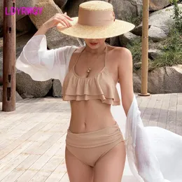 Kadın Mayo Ldyrwqy 2024 Japonya ve Güney Kore Sling Seksi yüksek bel düz renkli Halter Bikini Mayo İki Parçalı Takım
