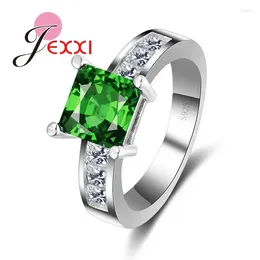 حلقات الكتلة springgreen square crystal stone حلقة كلاسيكية الفضة للنساء الإناث الذكرى عيد ميلاد هدية bague femme