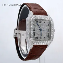 VVS Round Moissanite Diamond Męski zegarek na nadgarstek, brązowy skórzany zespół, impreza Wear Fancy Square Dial, Custom Made Watch