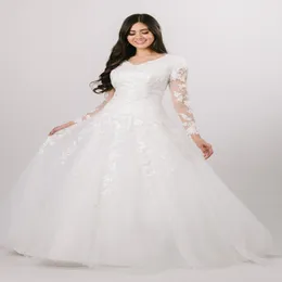 2020 NOWE A-LINE Skromne suknie ślubne z długimi czystymi rękawami V Szyjka cekinowa koronkowa tiul zrzucony talia