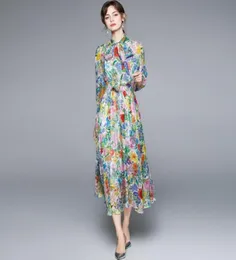 Llzacoosh Runway Designer Pieghe Maxi Summer Women Elegant Flower Stamp Arco Mino Vintage A Line Chiffon Long Party Abiti 2105143741967