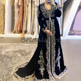아플리케를 가진 반짝이는 모로코 이브닝 드레스 우아한 긴 소매 무슬림 아랍어 공식 특별 행사 댄스 파티 드레스 2020 Dubai Abaya 232v