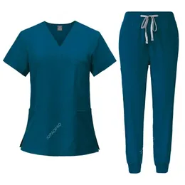 Scrubs Definir uniformes Trech Scrub Tops com calças de bolso enfermeiro uniforme médico cirurgia macacão de beleza salão de trabalho 240527
