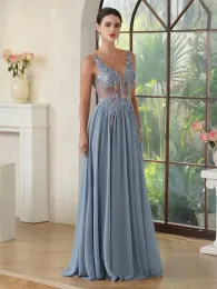 Sexy senza schienale Nouvelles 2024 Dark Navy Murffon Appliques une Ligne Sheer V Neck Long Party Prom Gowns CPS3038 0528