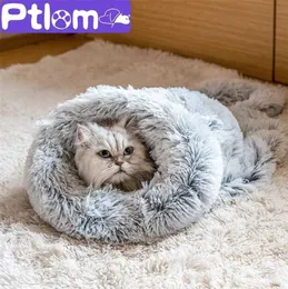 Зимние длинные плюшевые кровати для домашних кошек круглая подушка Дом 2 в 1 Самопогревающую мешок с уютной пакетом для сна для маленькой собаки 2110065125708