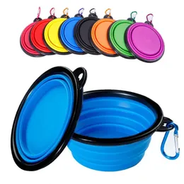 Hävlande husdjur Silikon Dog Food Water Bowl Outdoor Camping Travel Portable Folding Pet Bowl Rätter med Carabiner Pet Supplies