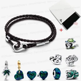 Hot sales 925 silver designer bracelets for women Climbing Frog Charm Pandoras Brown Braided Double Leather Bracelet Green Heart Stud Earrings luxury jewelry