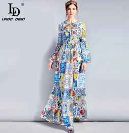 LD Linda Della مصمم أزياء Maxi Dress 3XL Plus Size Women039S Long Sleeve Boho Plate Flower Print Dress Long Long Y191447804