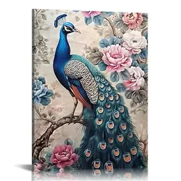 Peacock Canvas 벽 예술 공작 공작이 지점 그림 자랑스러운 동물 예술 작품 공작 꽃 핑크 꽃 그림 인쇄 홈 장식 프레임 (b)