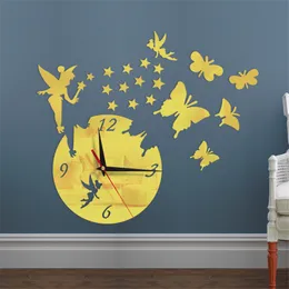 Adesivos de espelho acrílico relógio de parede design moderno fada borboleta 3d DIY Duvar saati Relógios para menina Presente da sala de estar decoração de casa