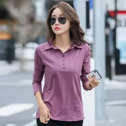 Polos femminile 2024 T-shirt della polo autunnale coreana Office donna Lady Female Formal Plus size Cotone Pulsante Long Slve Top Shirts Y240527