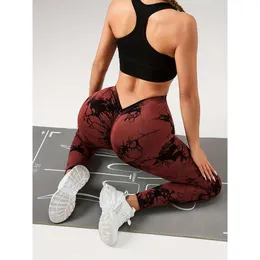 Hög midja V-back-tie-dye yogabyxor, fiess Activewear, Peach Hip Lift, Compression Sports Leggings, Gym Workout Tights, Black and White Marble Print Print