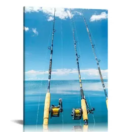 Canvas Wall Art Blue Seascape Paintings for Living Room Giclee Fishing Tackle Artwork HD Prints Modern Home Decor Framed Stretched Ready to Hang(16''x20'')