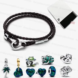 925 silver designer bracelets for women Climbing Frog Charm Pandoras Moments Brown Braided Double Leather Bracelet Green Heart Stud Earrings luxury jewelry