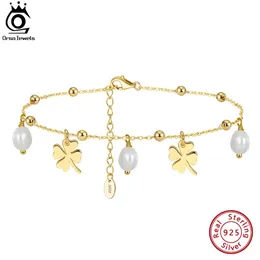 Orsa Jewels 925 Sterling -Silberketten -Kette Fußkettchen mit Perlen und vier Blattklee Sommerstrand Fußketten Fußketten Schmuck SA54 240529