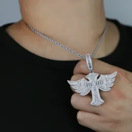 Iced Out Angel Wing Cross Necklace for Men Women Prong Setting Cubic Zirconia Silver Color Pendant Hip Hop Jewelry