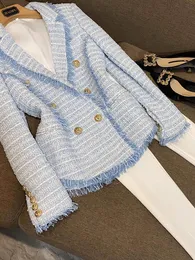 2024 Spring Blue Houndstooth Panelled Tweed Blazers Long Sleeve Notched-Lapel Buttons Double-Breasted Outwear Coats O4W292332