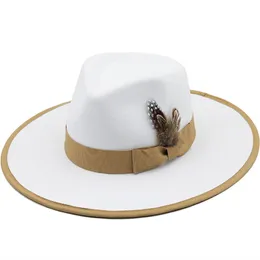 Feather Fedoras White Fall Affastor Hat for Women Fashion Flat Brim Lady Church Hats Party Felted Jazz Cap Chapeu Feminino 306p 306p