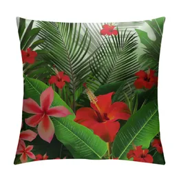 Folhas de travesseiro de folhas, flor da floresta exótica tropical Gengibe vermelho e flores de anturium, travesseiro de tamanho de tamanho queen -size decorativo, verde rosa