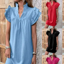 Casual Dresses Summer Women's Clothing Elegant Fashion Loose Sweat Solid Color Folds V Neck Short Sleeve Hip Y2K Dress