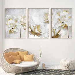 Abstrakte Gold weiße blühende Blumenwandkunstplakate Leinwand Malerei Drucke Bilder Moderne Wohnzimmer Innenheimdekoration Unfamend
