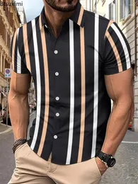 Erkek sıradan gömlekler 2024 Moda Yaz Giyim Çizgili Baskı Kısa Kollu Gömlek Erkekler İşletme Tek Bravatalı Bluz Trendi Sokak Giyin