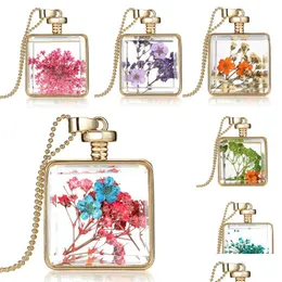 Naszyjniki wiszące naturalne suszone kwiaty oryginalna kwadratowa szklana butelka złota oświadczenie z koralikami dla kobiet mody biżuterii DH9CP