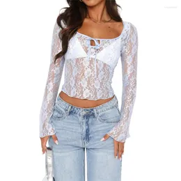 Women's T Shirts Xingqing Lace Top Y2k Clothing Women Sexy Floral Embroidery Square Collar Long Sleeve Shirt See Through Clothes Streetwear