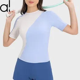 AL88 YOGA T-shirt toppar hela dagen tennis sport kort ärm tee kvinnors sommar tröja ny mode ribbad kontrasterande färg lapptäcke smal passform mångsidig tröjor