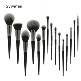Sywinas Makeup Brush Set Kit 15pcs High Quality Black Natural Synthetic Hair Professional Makeup Brushes Tools 240529