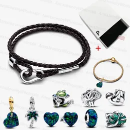 fashion 925 silver designer bracelets for women Climbing Frog Pandoras Moments Brown Braided Double Leather Bracelet Green Heart Stud Earrings luxury jewelry