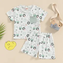 Kleidungssets Tregren 0-3y Kleinkind Baby Boy Summer Outfit lässig Kurzarm Farm Print T-Shirt Tops Elastic Shorts 2pcs Set Säuglingskleidung