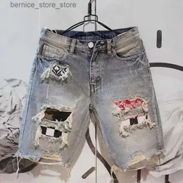 Shorts masculinos de verão hole jeans calça curta moda mendiga raspada jeans de cinco peças shorts q240529