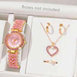 Zegarek 5pcs/zestaw różowe kobiety oglądają lekki luksusowy wybierany kwarcowy stop ze stopu na rękę z zestawem biżuterii w kształcie serca